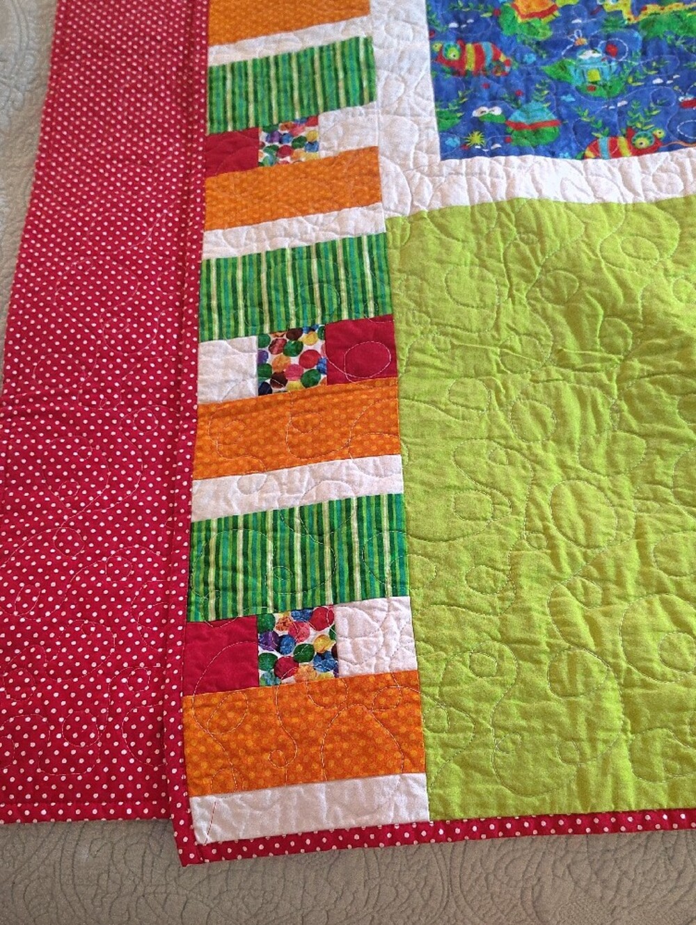 Children's Frog/Turtle Handmade Patchwork Quilt - Green & Blue - Picture 11 of 11